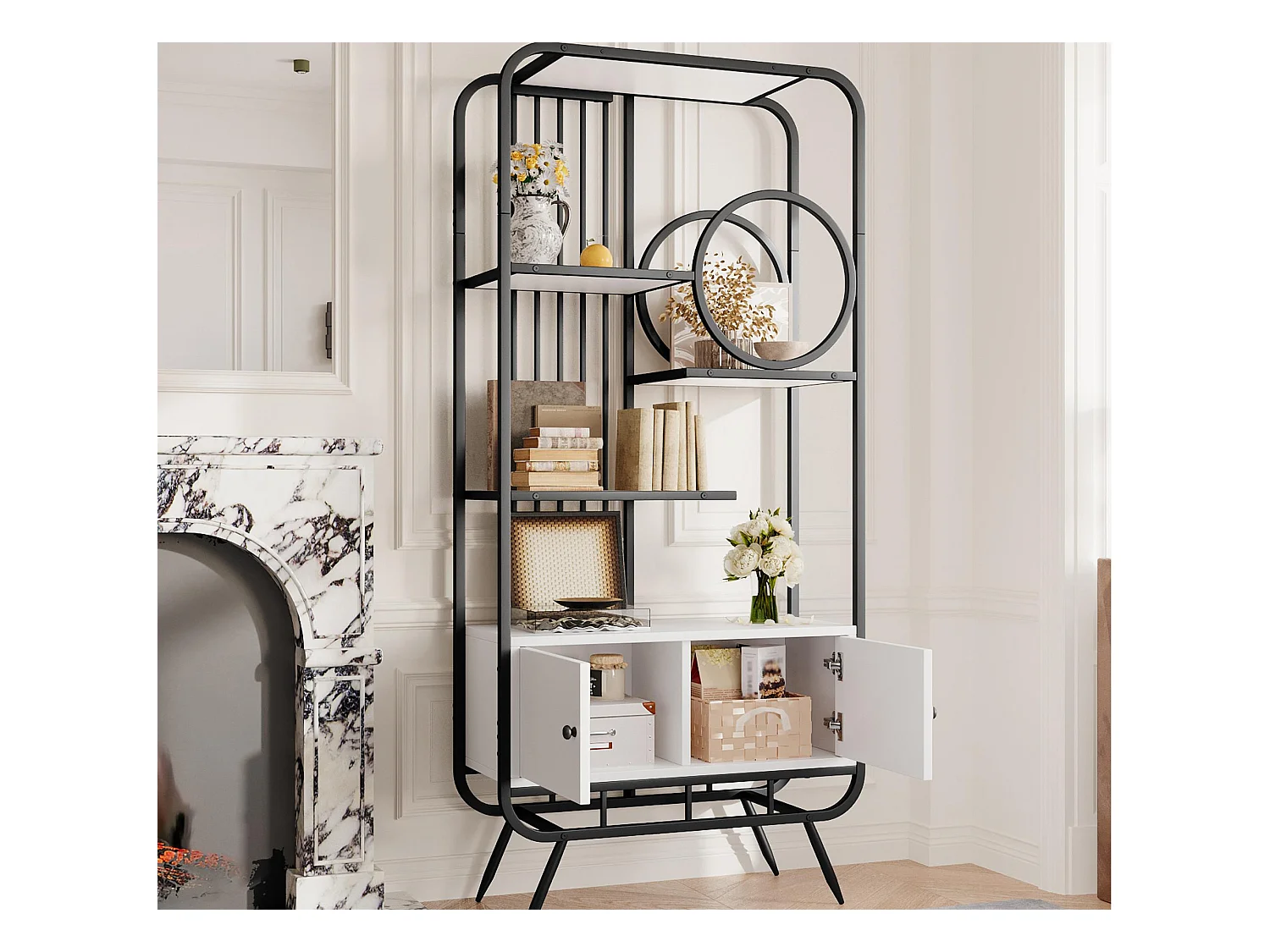 Bibliothèque moderne en métal 80x30x180 cm - meuble de rangement à 2 portes - 3 étagères - décoration ronde - blanc + noir