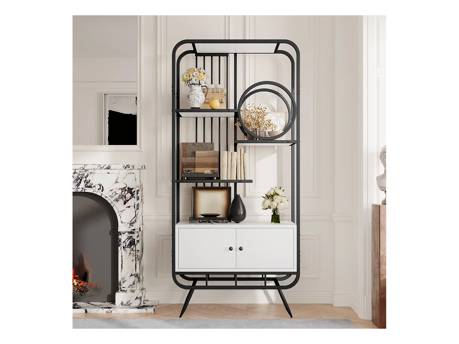 Modernes Metallregal 80×30×180 cm - Schrank mit 2 Türen - 3 Regalböden - runde Deko-Elemente - weiß + schwarz