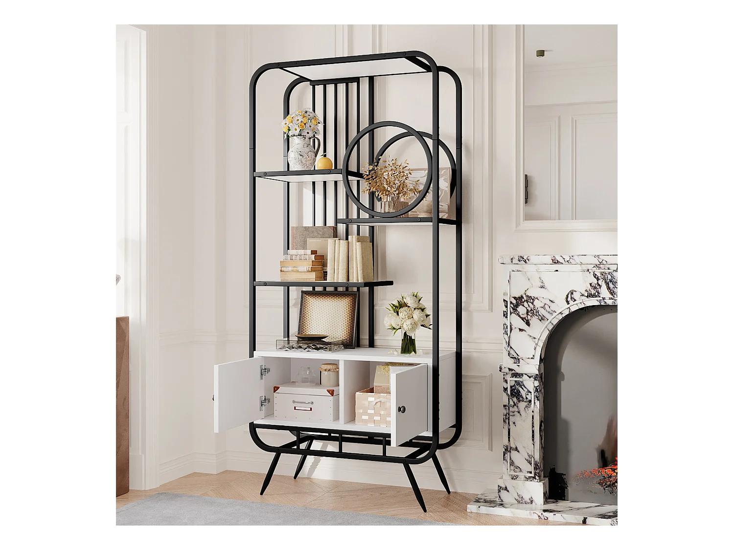 Modernes Metallregal 80×30×180 cm - Schrank mit 2 Türen - 3 Regalböden - runde Deko-Elemente - weiß + schwarz