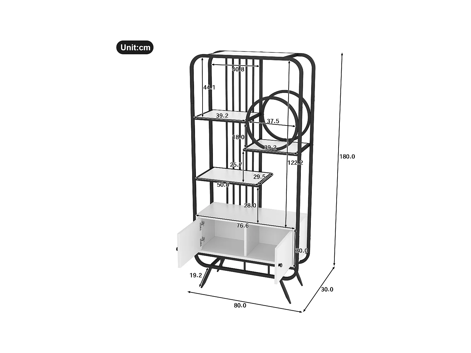 Modernes Metallregal 80×30×180 cm - Schrank mit 2 Türen - 3 Regalböden - runde Deko-Elemente - weiß + schwarz