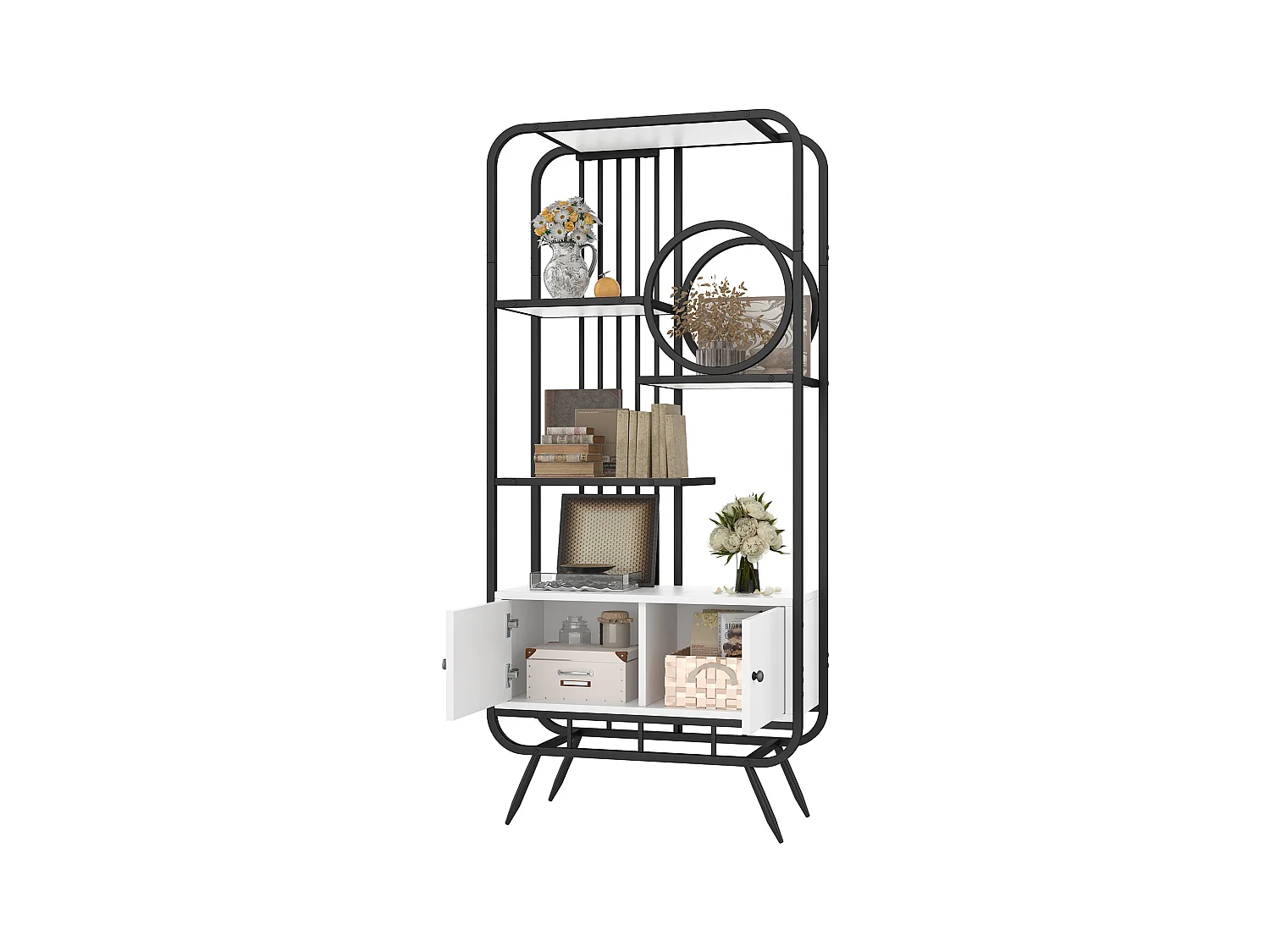 Modernes Metallregal 80×30×180 cm - Schrank mit 2 Türen - 3 Regalböden - runde Deko-Elemente - weiß + schwarz