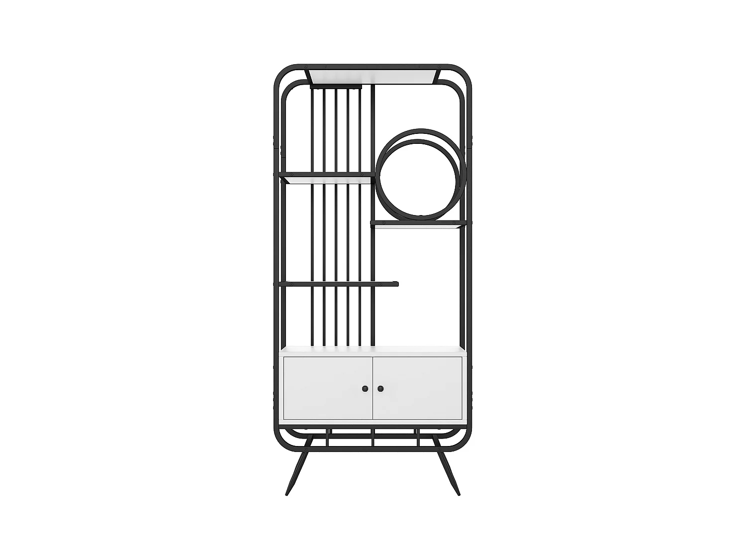 Modernes Metallregal 80×30×180 cm - Schrank mit 2 Türen - 3 Regalböden - runde Deko-Elemente - weiß + schwarz