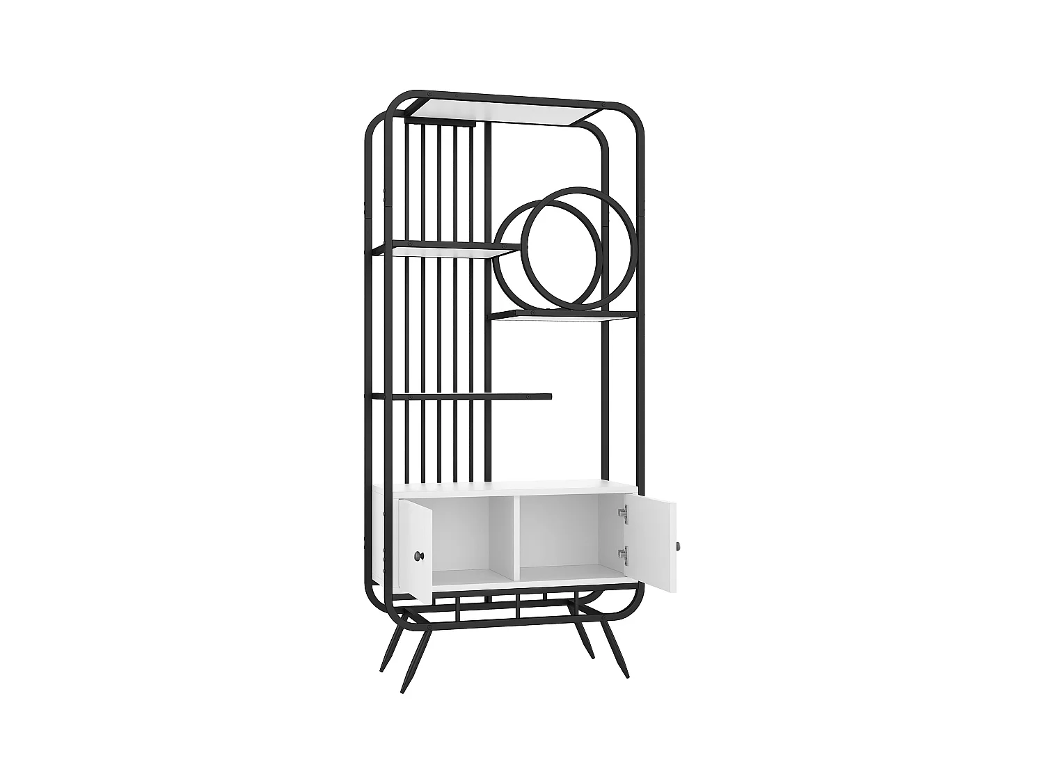 Modernes Metallregal 80×30×180 cm - Schrank mit 2 Türen - 3 Regalböden - runde Deko-Elemente - weiß + schwarz