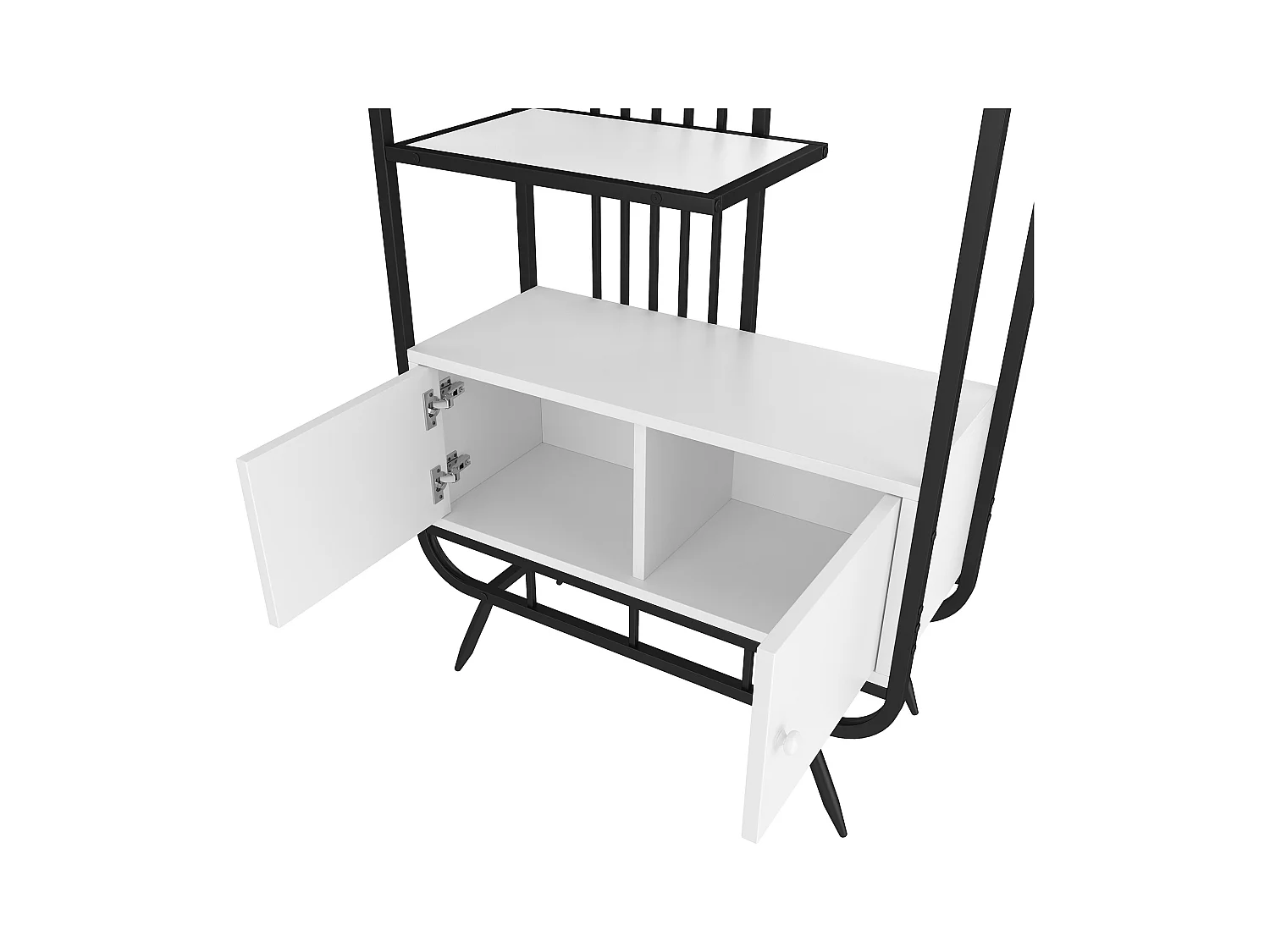 Modernes Metallregal 80×30×180 cm - Schrank mit 2 Türen - 3 Regalböden - runde Deko-Elemente - weiß + schwarz