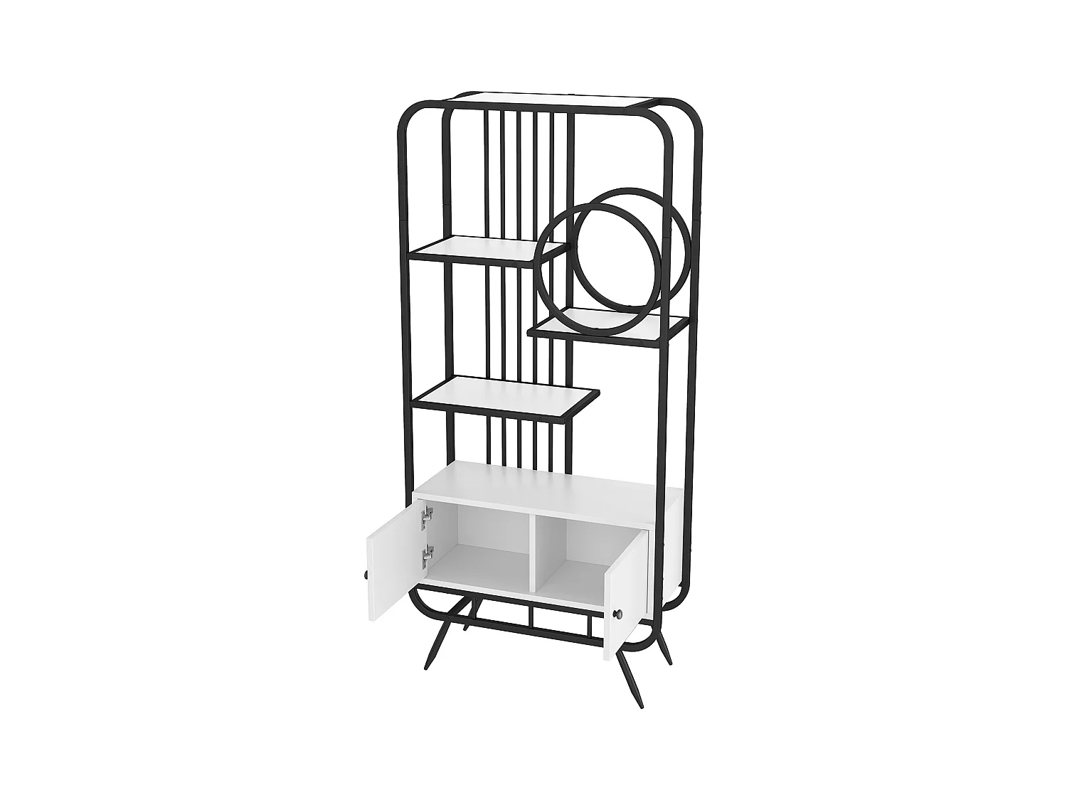 Modernes Metallregal 80×30×180 cm - Schrank mit 2 Türen - 3 Regalböden - runde Deko-Elemente - weiß + schwarz