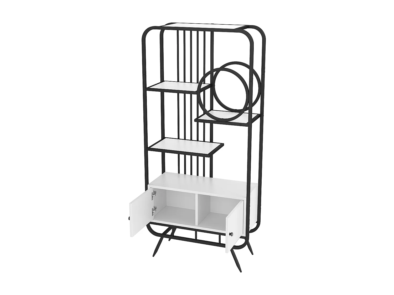 Bibliothèque moderne en métal 80x30x180 cm - meuble de rangement à 2 portes - 3 étagères - décoration ronde - blanc + noir