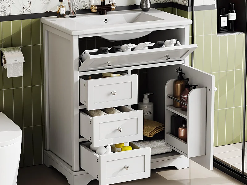 Badmeubel met keramische wastafel - 1 deur en 3 laden - wit (kraan niet inbegrepen)