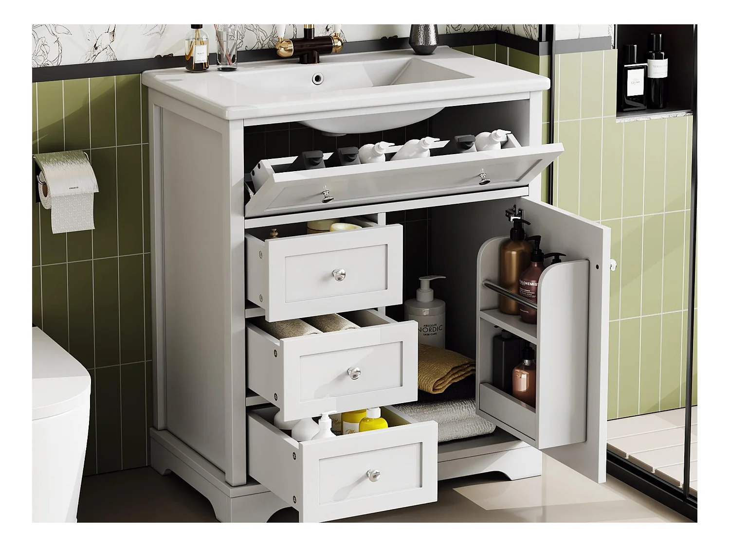 Meble łazienkowe z ceramiczną umywalką - 1 drzwi i 3 szuflady - biały (bateria nie jest dołączona)