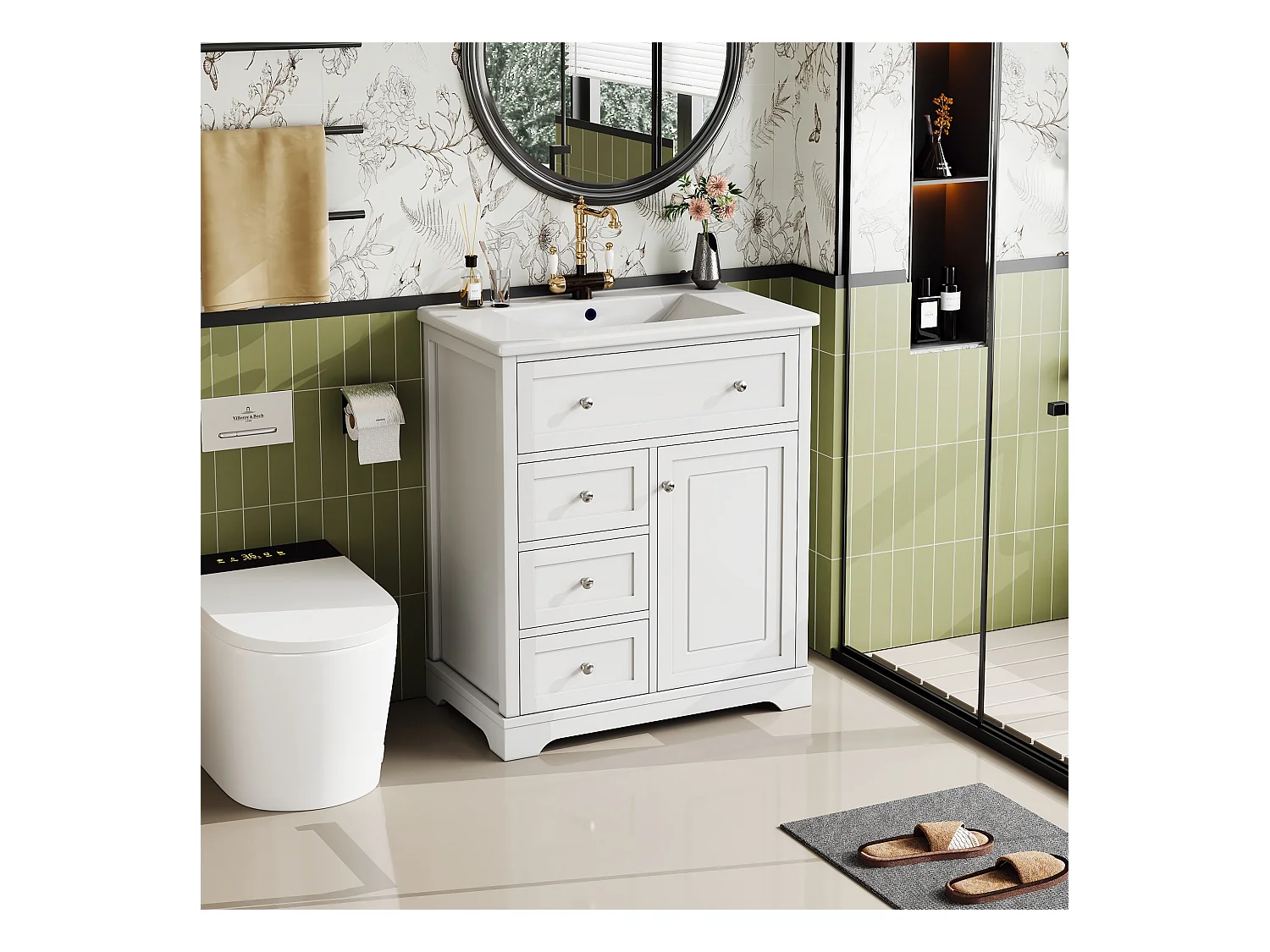 Meble łazienkowe z ceramiczną umywalką - 1 drzwi i 3 szuflady - biały (bateria nie jest dołączona)