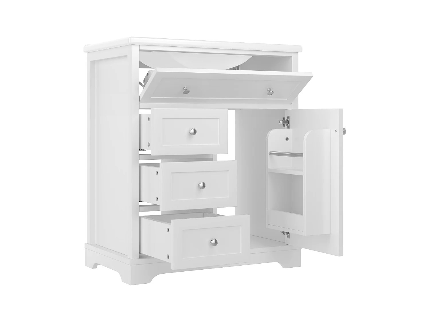 Meble łazienkowe z ceramiczną umywalką - 1 drzwi i 3 szuflady - biały (bateria nie jest dołączona)