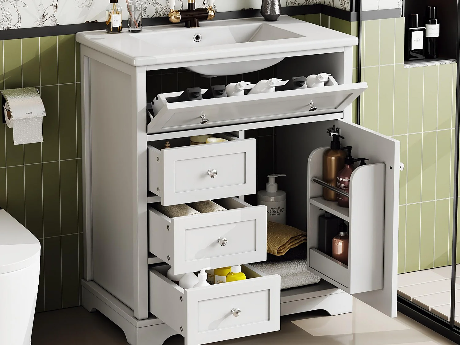 Badmeubel met keramische wastafel - 1 deur en 3 laden - wit (kraan niet inbegrepen)