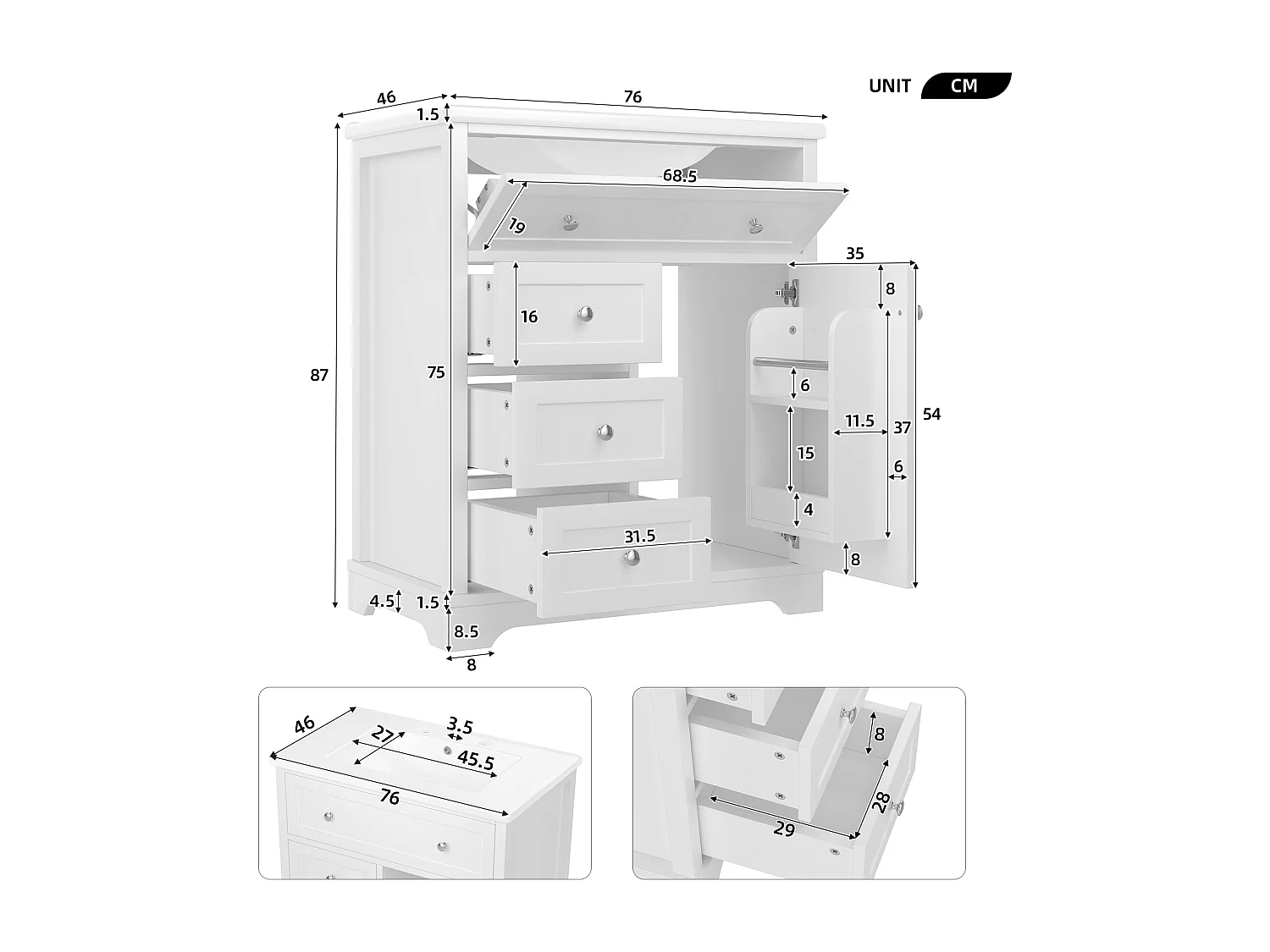 Badmeubel met keramische wastafel - 1 deur en 3 laden - wit (kraan niet inbegrepen)