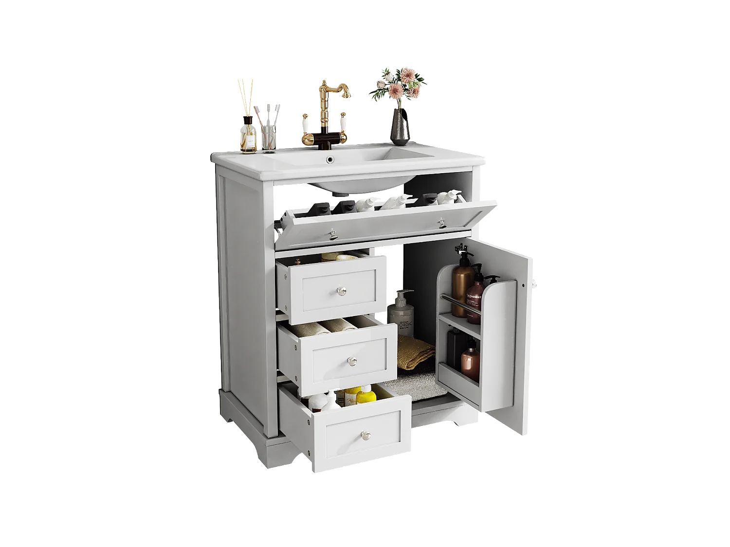 Meuble de salle de bain avec une vasque en céramique - avec 1 porte et 3 tiroirs - blanc(robinet non inclus)