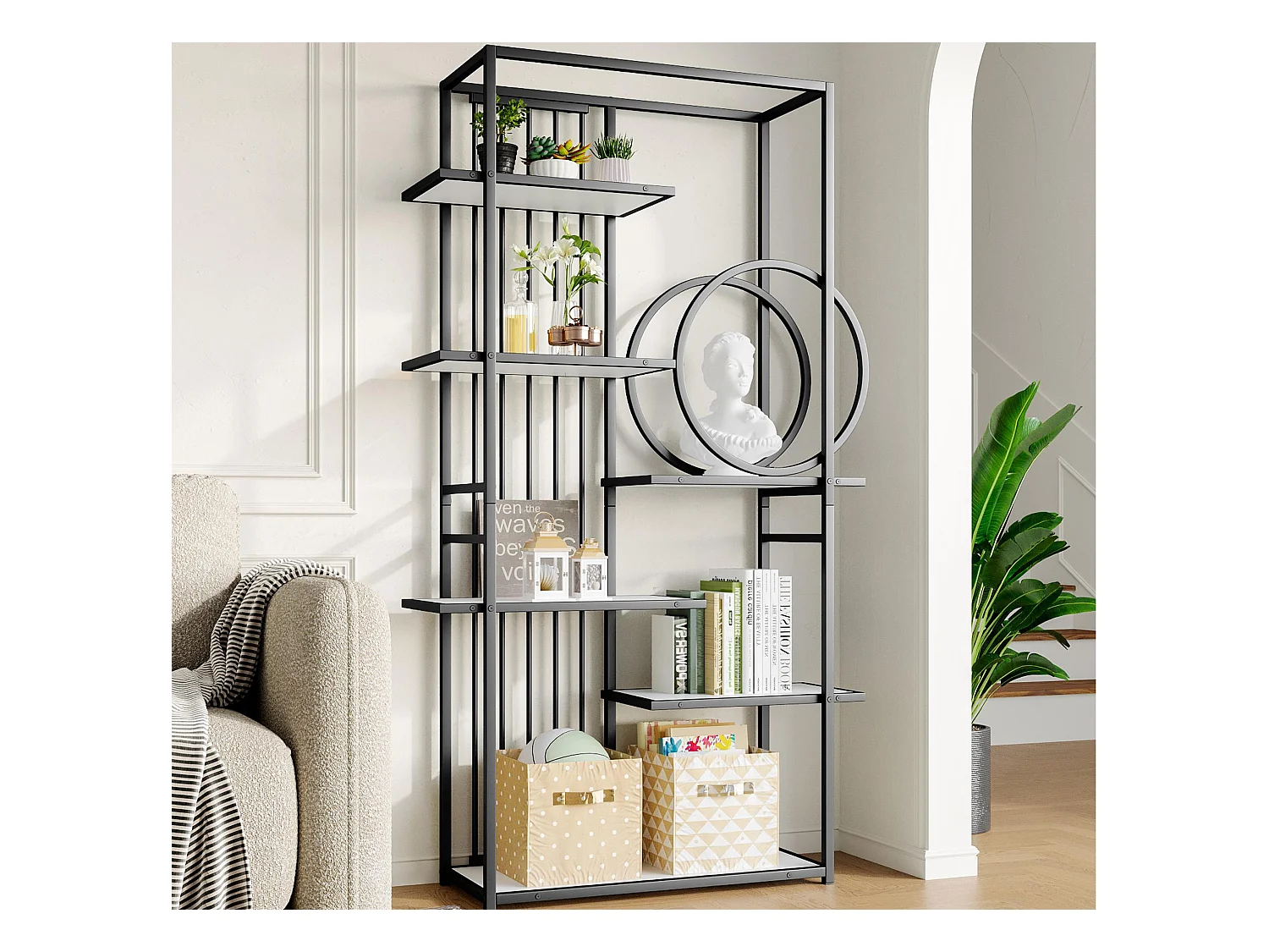 Bibliothèque moderne en métal 100x30x180 cm - structure géométrique - blanc + noir