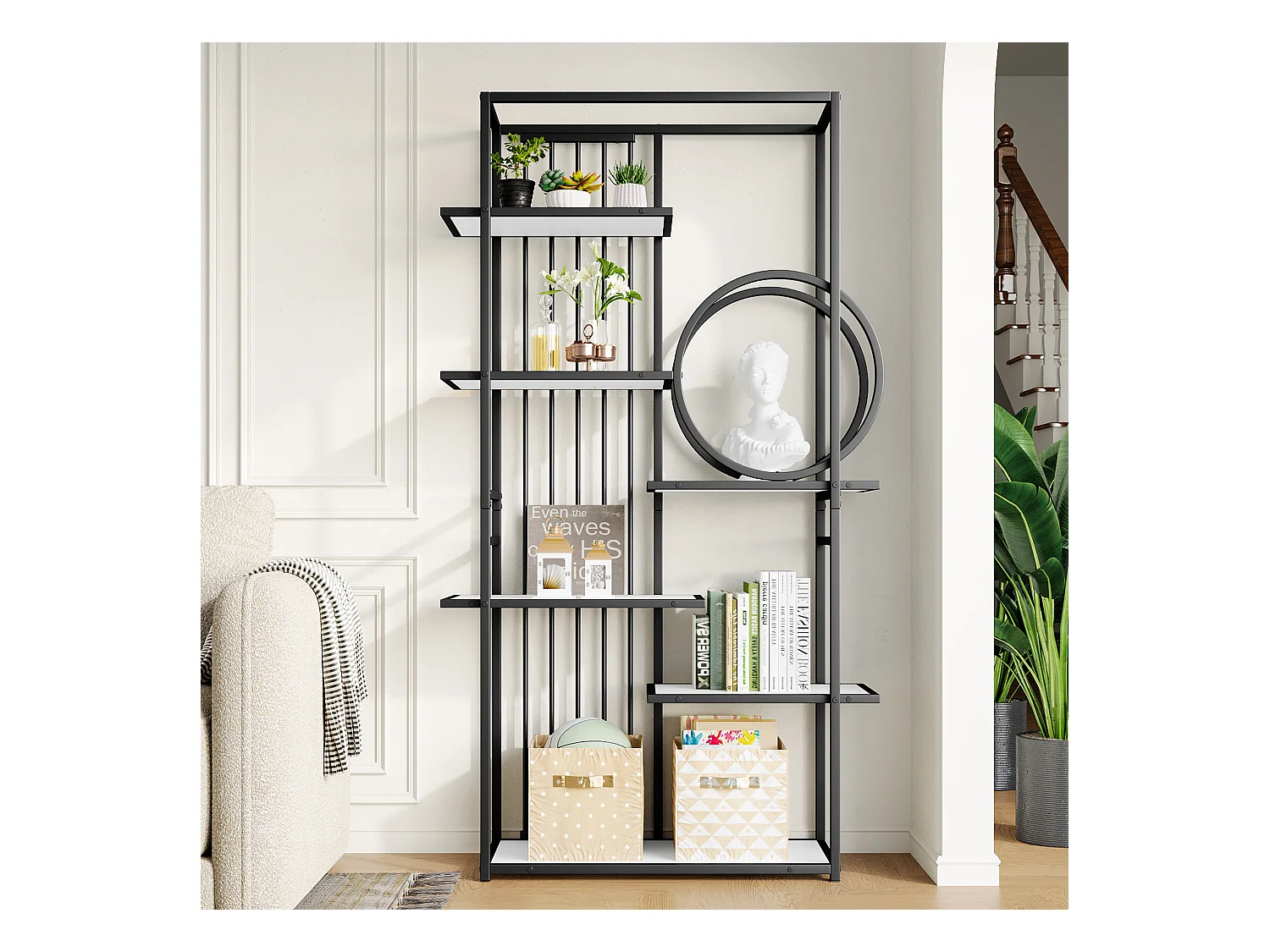 Bibliothèque moderne en métal 100x30x180 cm - structure géométrique - blanc + noir