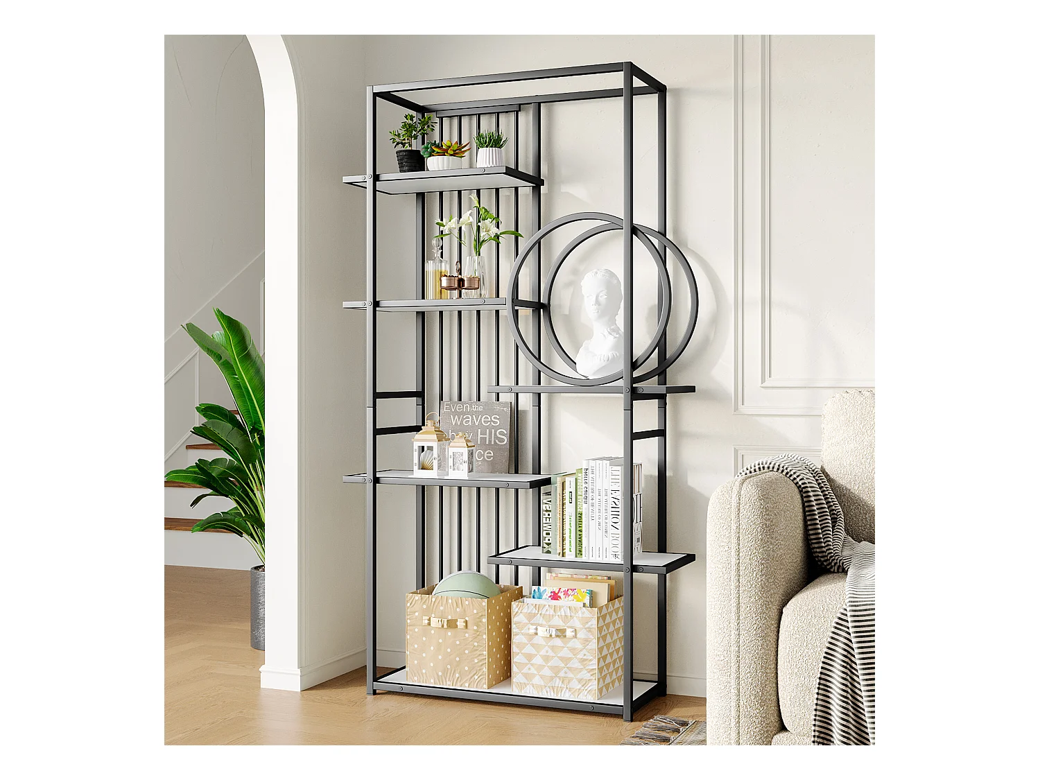 Bibliothèque moderne en métal 100x30x180 cm - structure géométrique - blanc + noir