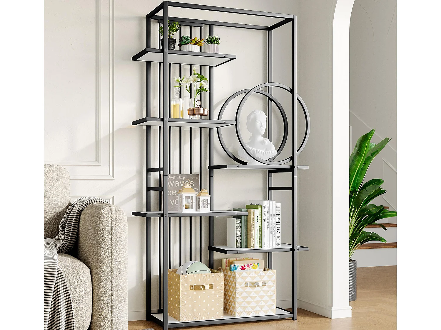 Estante moderna em metal 100×30×180 cm - estrutura geométrica - branco + preto