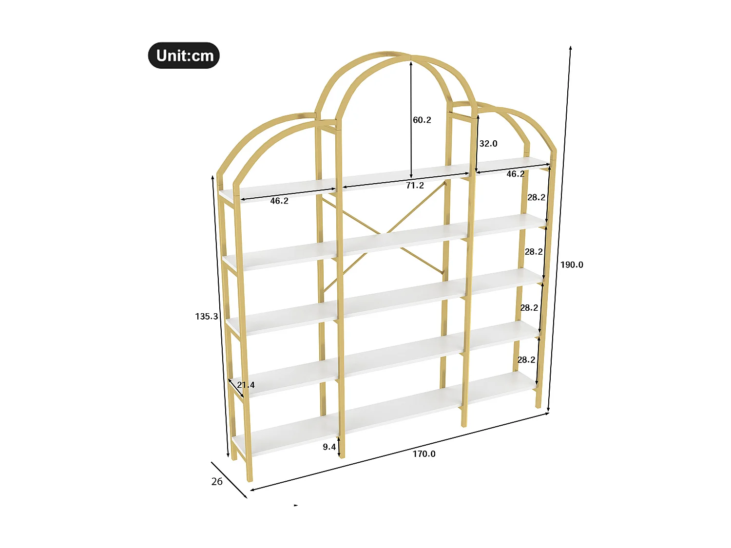 Moderne metalen boekenkast 170×26×190 cm - wolkvorm - 5 opbergniveaus - goud + wit