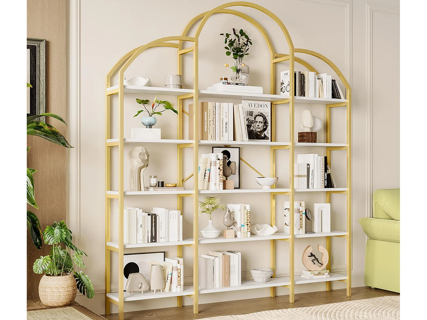 Libreria moderna in metallo 170×26×190 cm - forma a nuvola - 5 livelli di riporo - oro + bianco