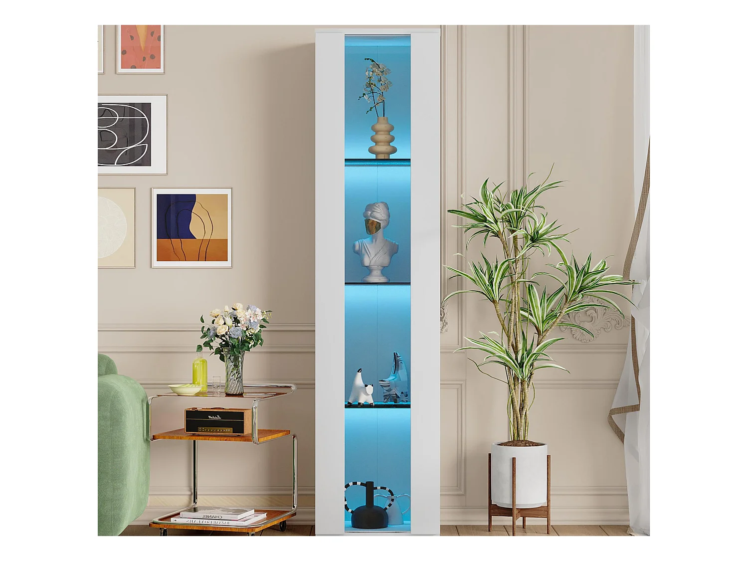 Vitrine 40x29x170cm - éclairage LED multicolore télécommandé - cloisons vitrées - blanc