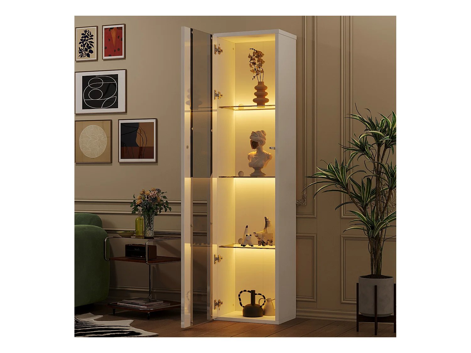 Vitrine 40x29x170cm - éclairage LED multicolore télécommandé - cloisons vitrées - blanc