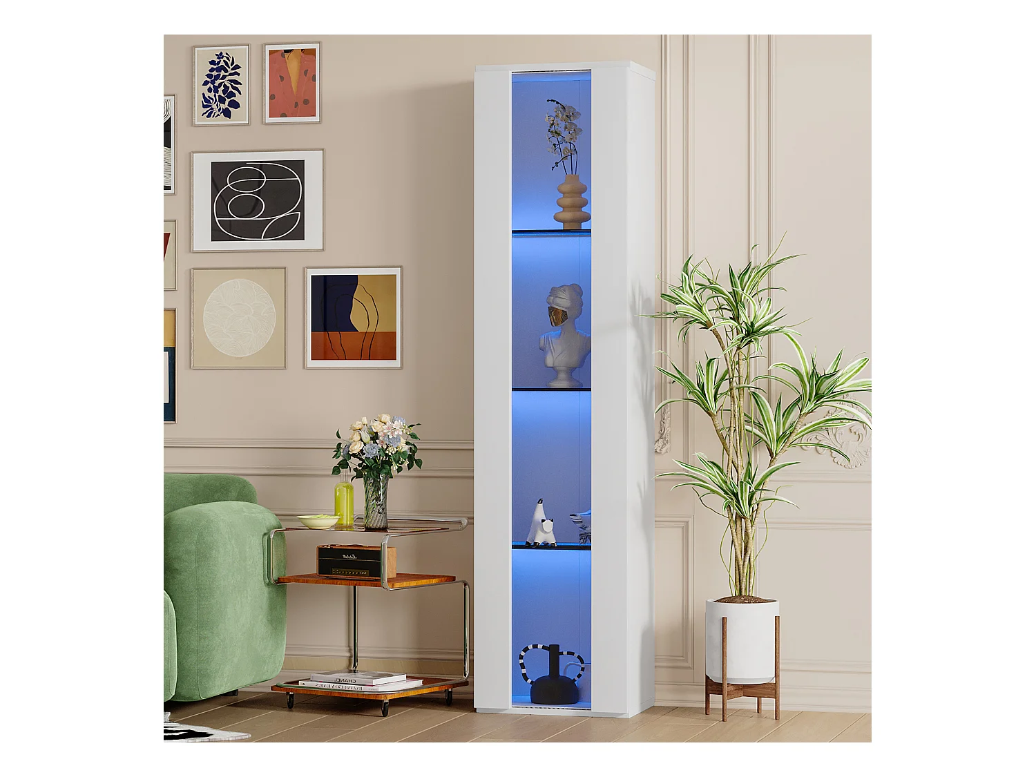 Vitrine 40x29x170cm - éclairage LED multicolore télécommandé - cloisons vitrées - blanc