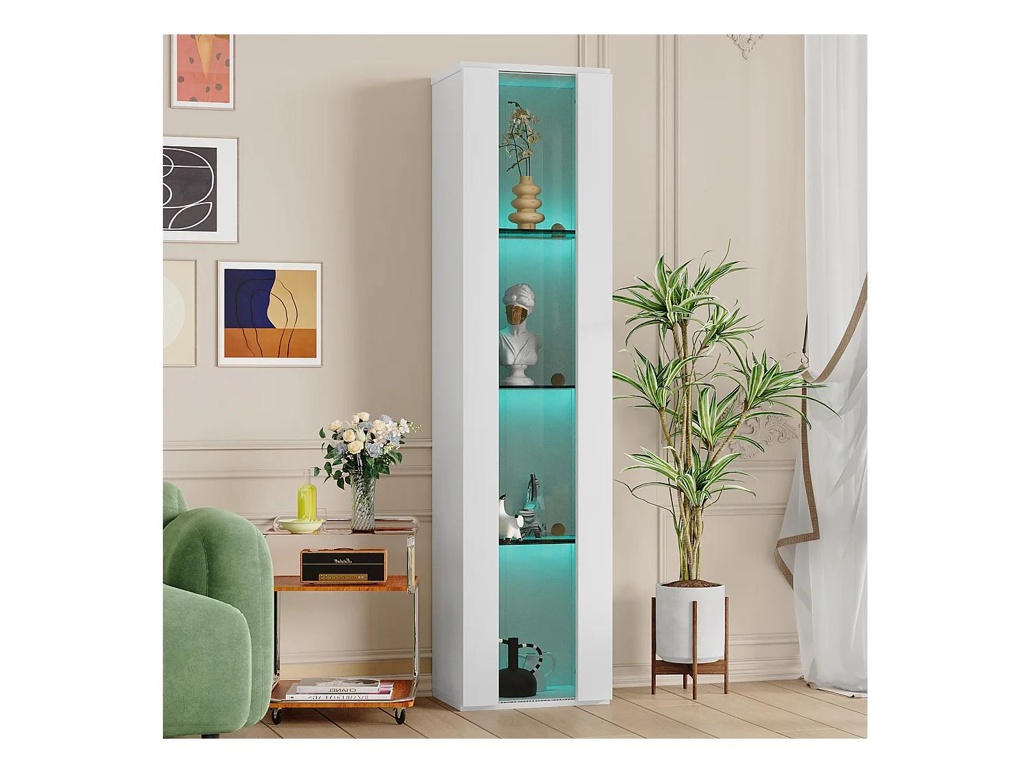 Vitrine 40×29×170 cm - fernbedienbare RGB-LED-Beleuchtung - Glasfächer - weiß