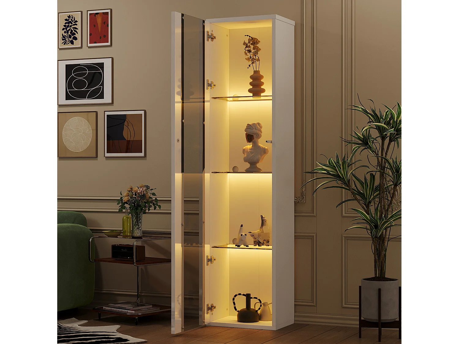 Vitrine 40x29x170cm - éclairage LED multicolore télécommandé - cloisons vitrées - blanc