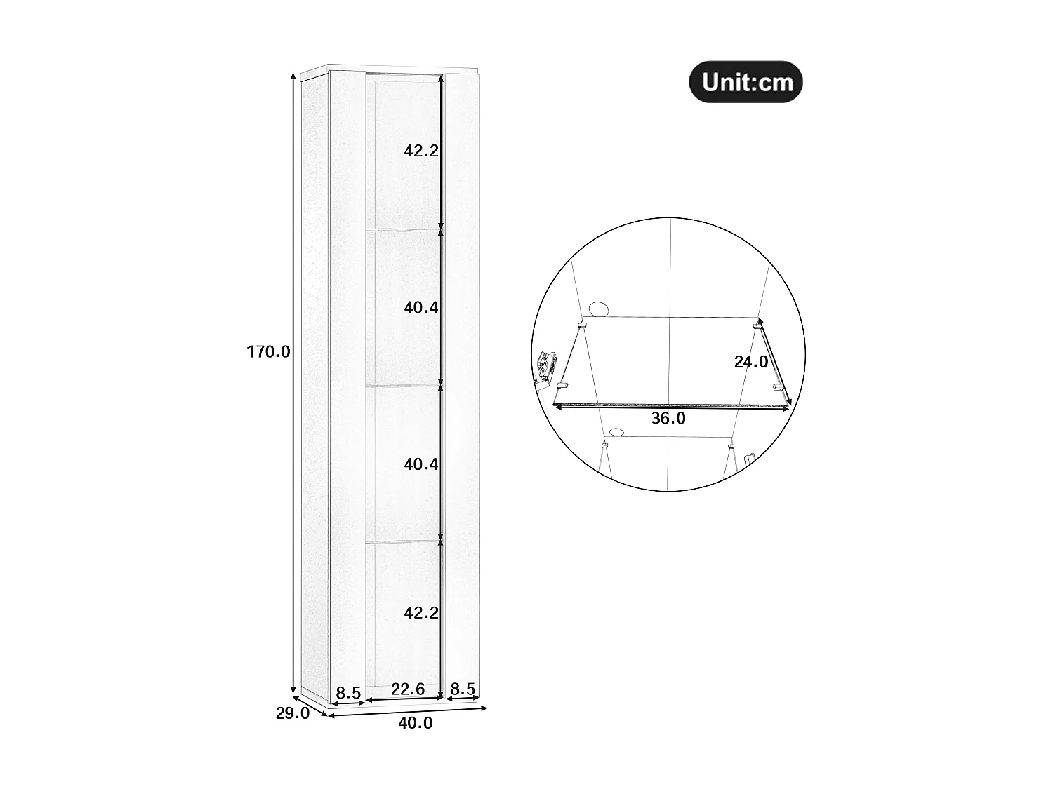 Vitrine 40x29x170cm - éclairage LED multicolore télécommandé - cloisons vitrées - blanc