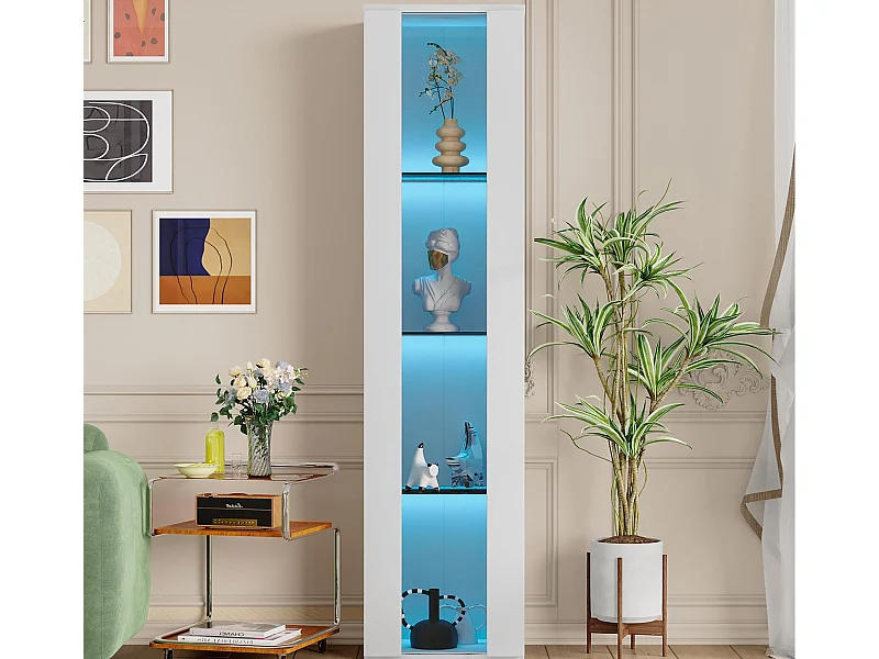 Vitrine 40x29x170cm - éclairage LED multicolore télécommandé - cloisons vitrées - blanc