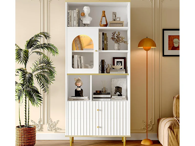 Bücherregal 78×36×180 cm - 2 leise Schubladen + RGB-LED-Beleuchtung - weiß