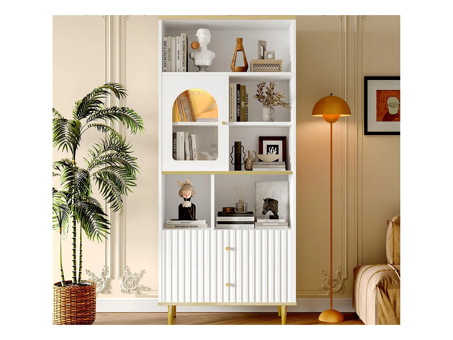 Bibliothèque multifonctionnelle 78x36x180 cm - 2 tiroirs silencieux + LED à changement de couleur - blanc