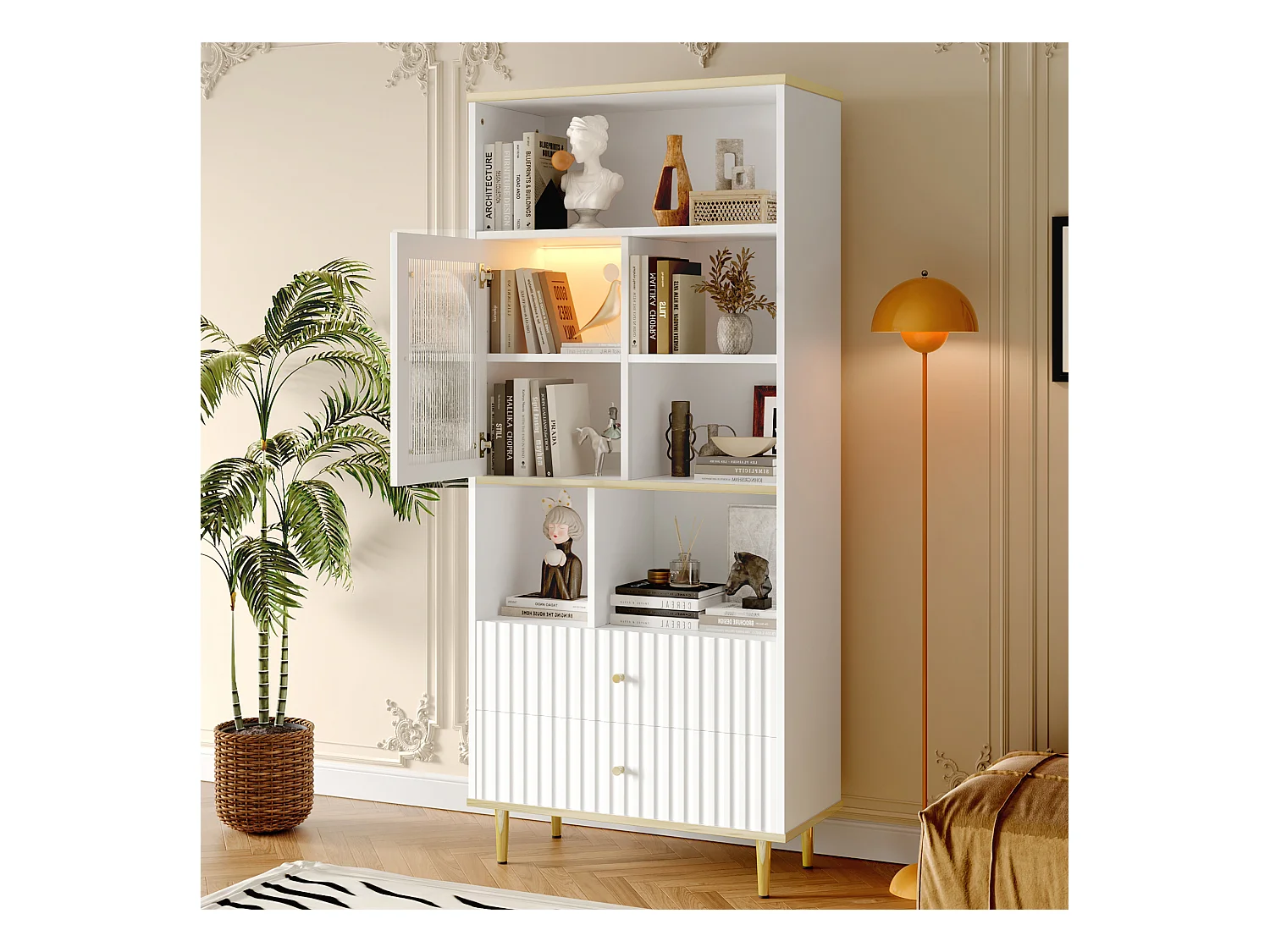 Bücherregal 78×36×180 cm - 2 leise Schubladen + RGB-LED-Beleuchtung - weiß