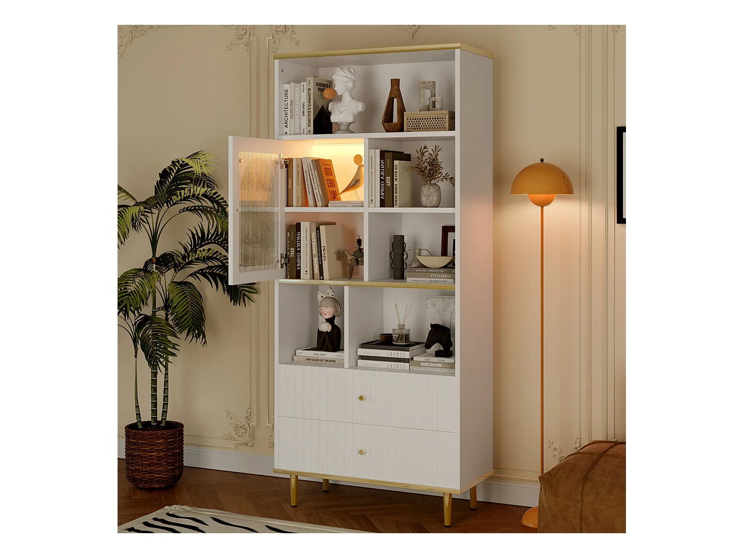 Bücherregal 78×36×180 cm - 2 leise Schubladen + RGB-LED-Beleuchtung - weiß