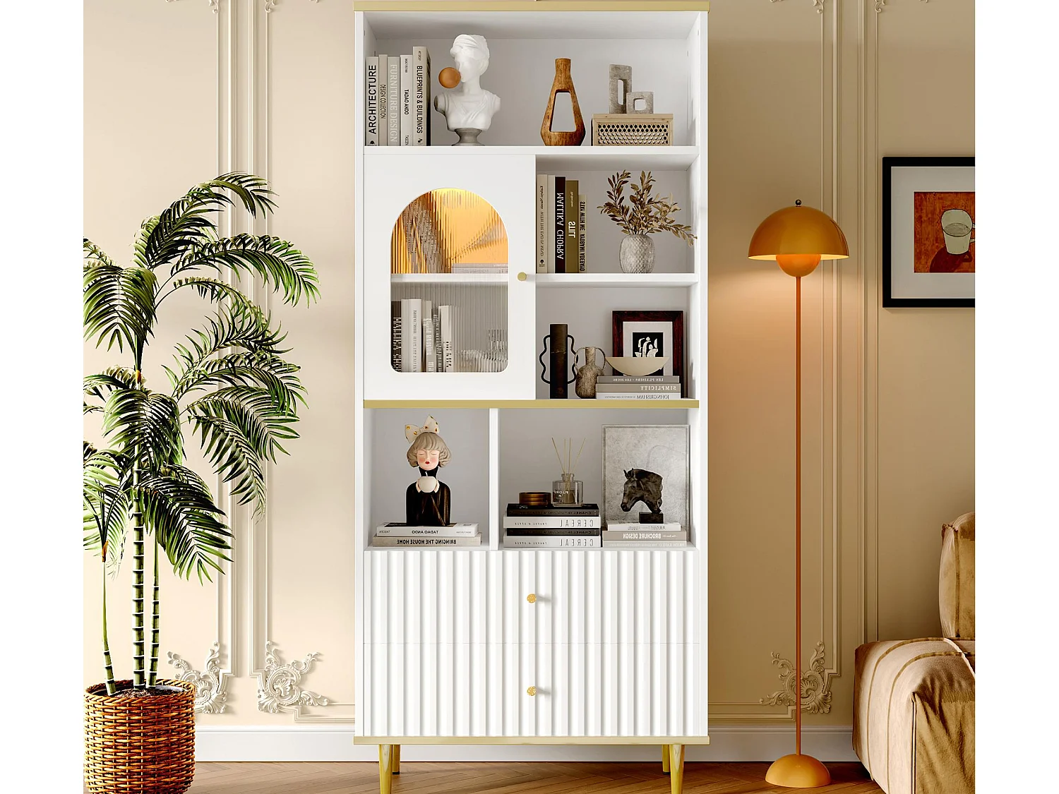 Bücherregal 78×36×180 cm - 2 leise Schubladen + RGB-LED-Beleuchtung - weiß