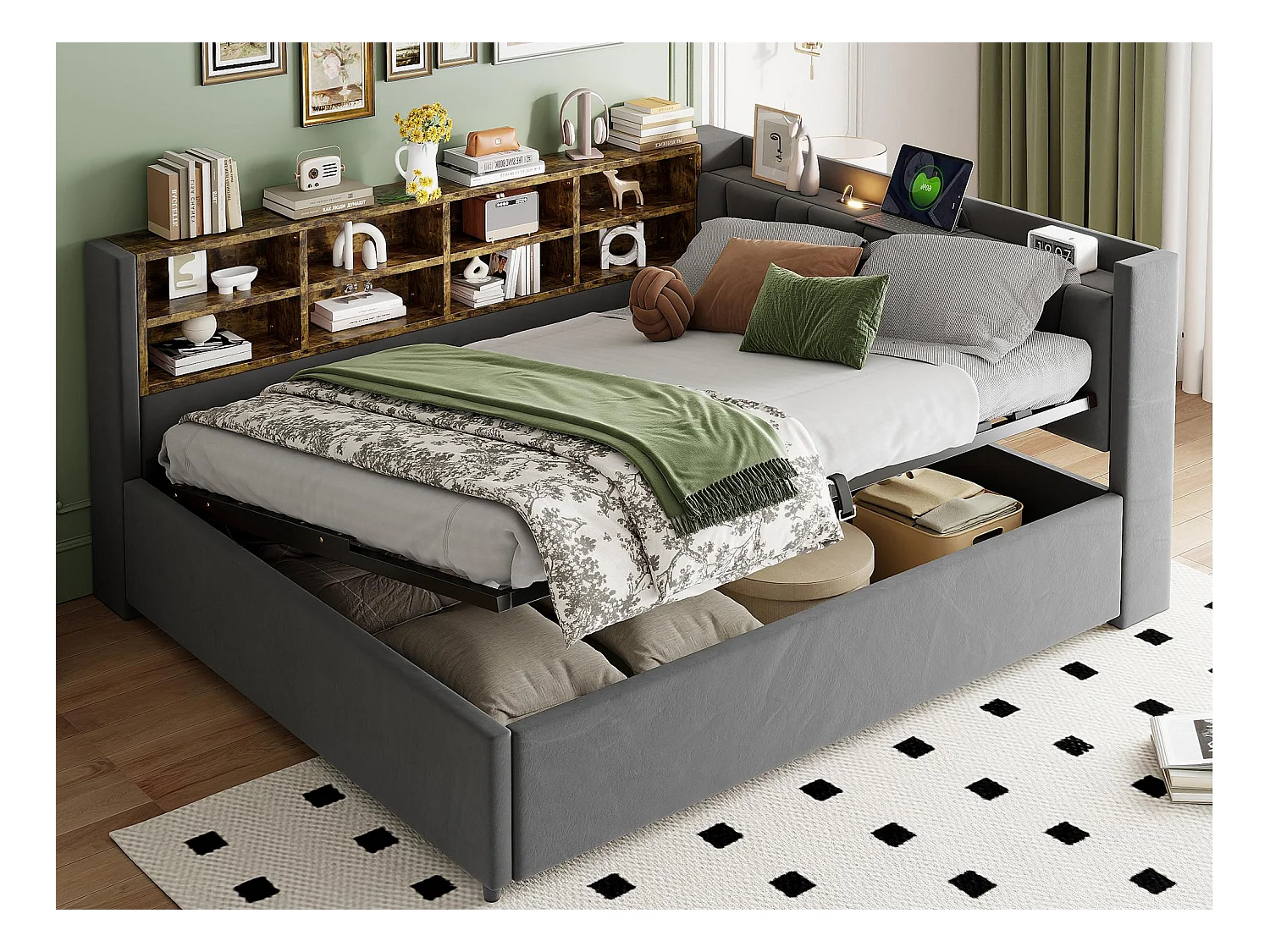 Sofá cama con almacenamiento 140×200 cm - con iluminación - con puerto USB y Type-C - Terciopelo - Gris oscuro (sin colchón)