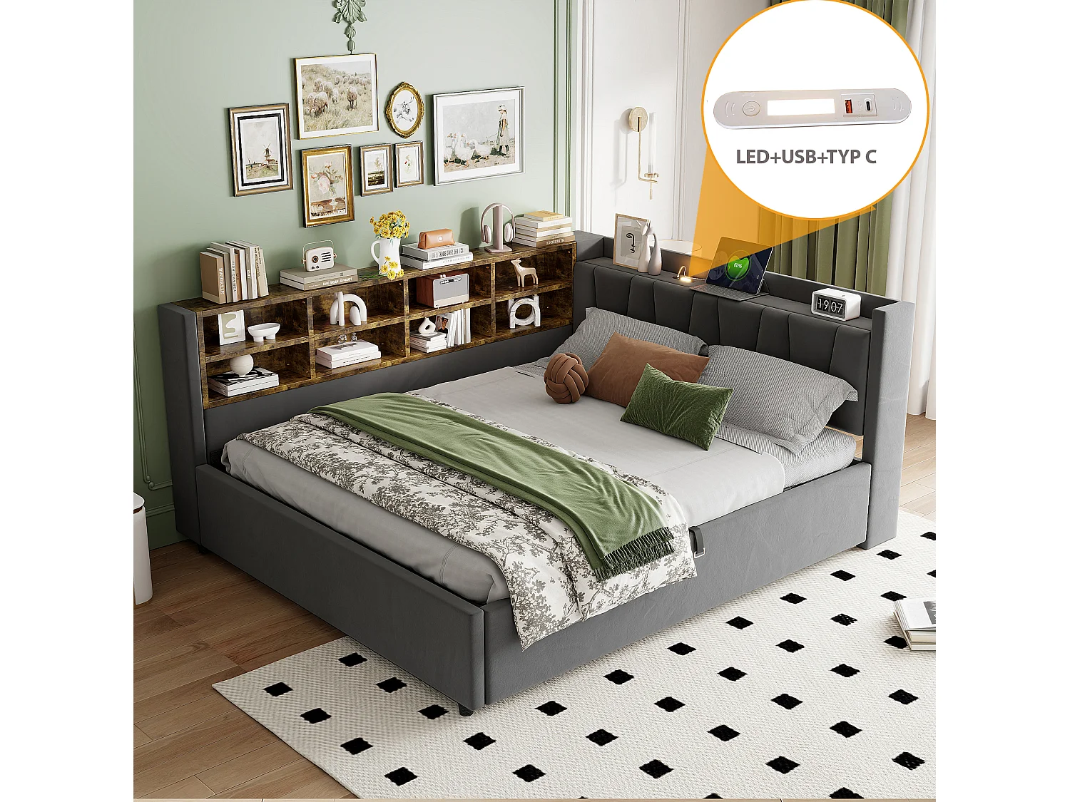 Sofá cama con almacenamiento 140×200 cm - con iluminación - con puerto USB y Type-C - Terciopelo - Gris oscuro (sin colchón)