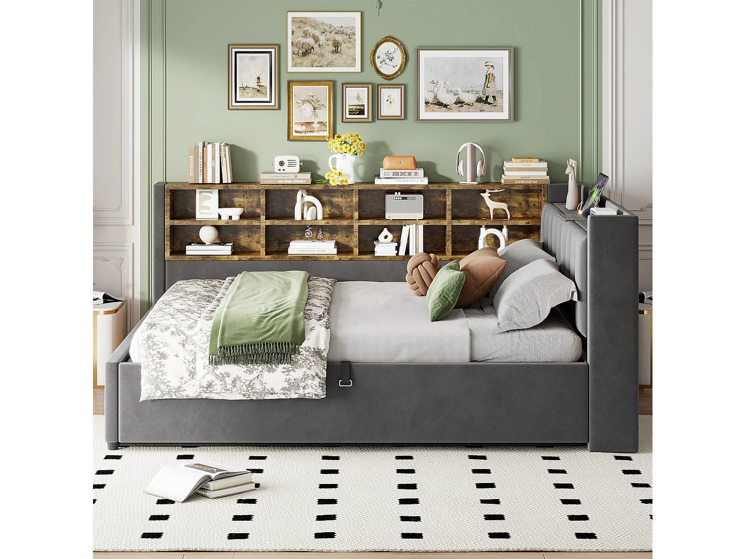 Sofá cama con almacenamiento 140×200 cm - con iluminación - con puerto USB y Type-C - Terciopelo - Gris oscuro (sin colchón)