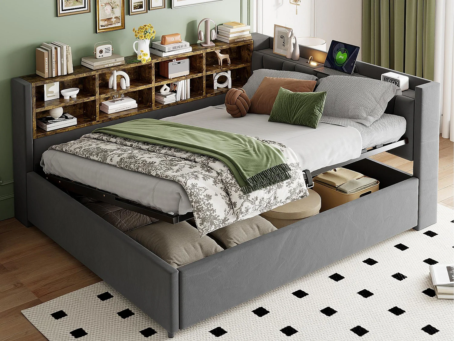 Opbergbankbed 90×200 cm - met verlichting - met USB- en Type-C-poort - Fluweel - Donkergrijs (zonder matras)