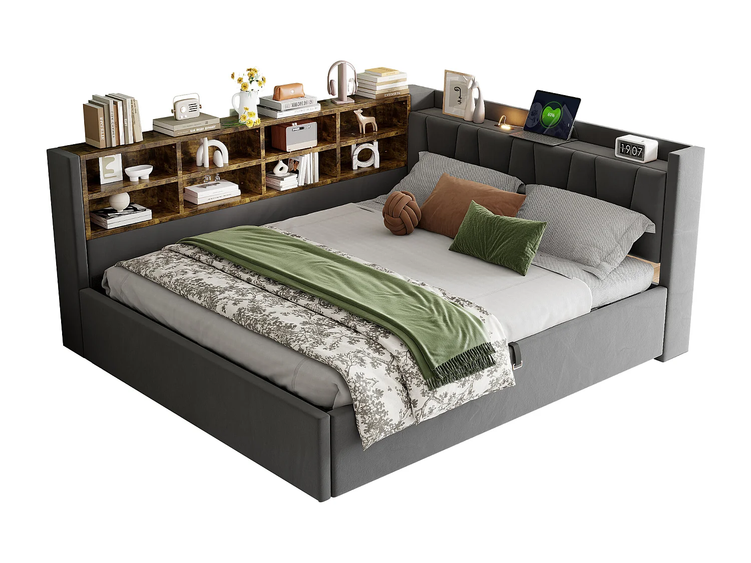 Opbergbankbed 90×200 cm - met verlichting - met USB- en Type-C-poort - Fluweel - Donkergrijs (zonder matras)