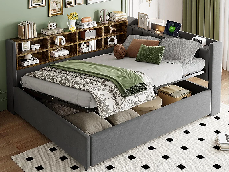 Schlafsofa mit Stauraum 90×200 cm - mit Beleuchtung - mit USB- und Type-C-Anschluss - Samt - Dunkelgrau (ohne Matratze)