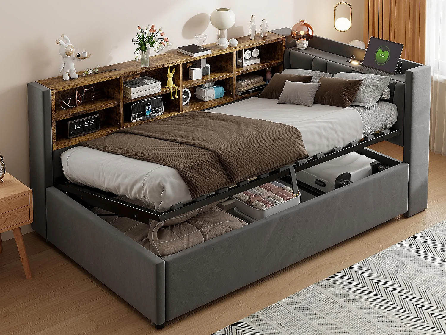 Canapé-lit rembourré avec rangement 90x200cm - avec éclairage - avec port USB et Type-C - Velours - Gris foncé (sans matelas)