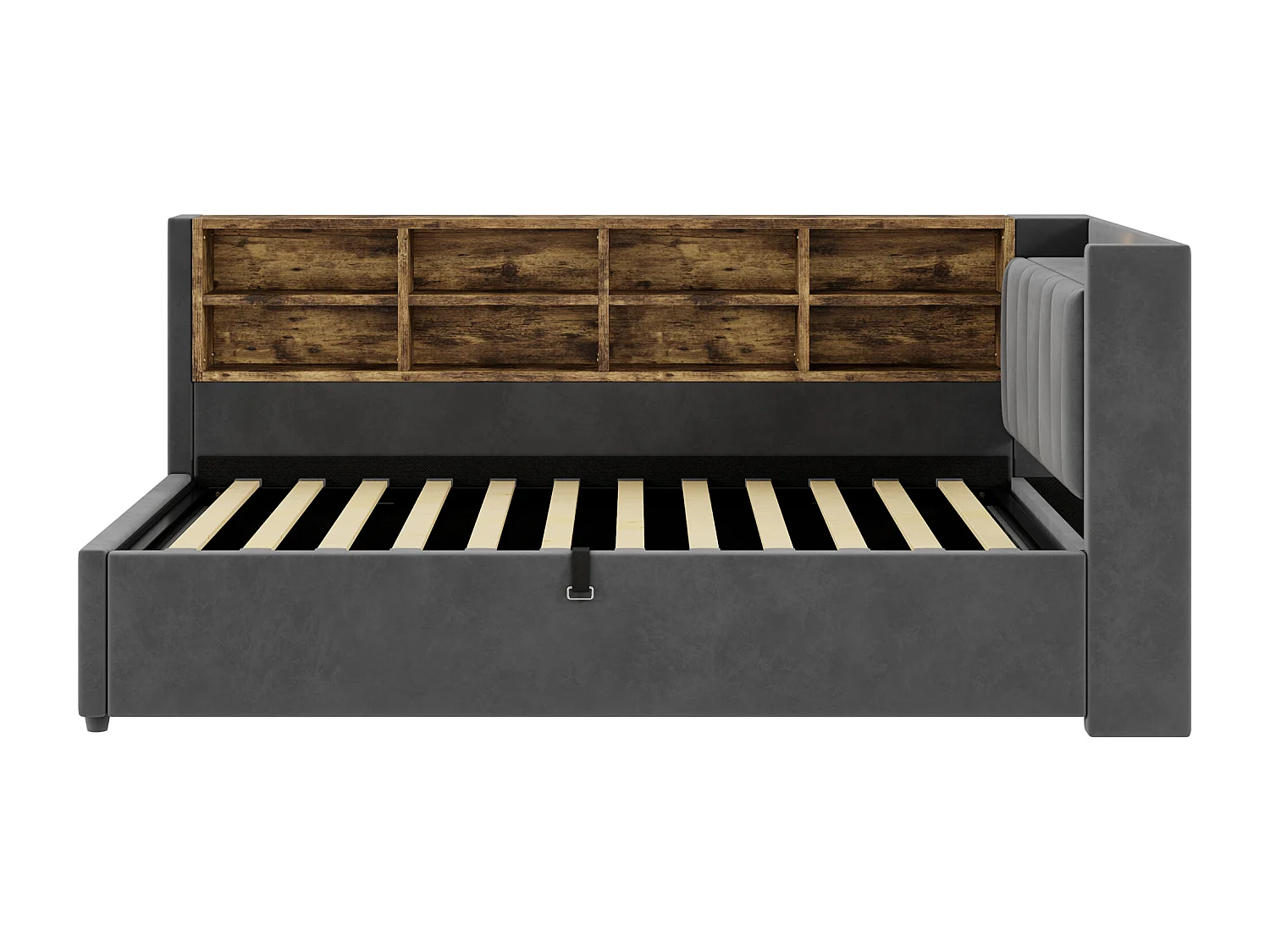 Canapé-lit rembourré avec rangement 90x200cm - avec éclairage - avec port USB et Type-C - Velours - Gris foncé (sans matelas)