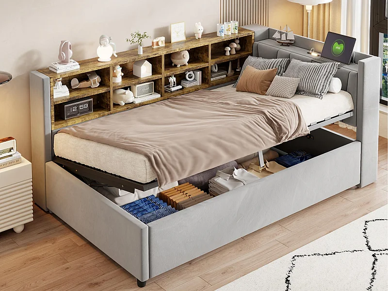 Canapé-lit rembourré avec rangement 90x200cm - avec éclairage - avec port USB et Type-C - Velours - Gris (sans matelas)