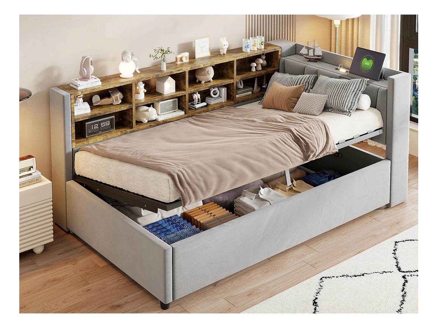 Canapé-lit rembourré avec rangement 90x200cm - avec éclairage - avec port USB et Type-C - Velours - Gris (sans matelas)
