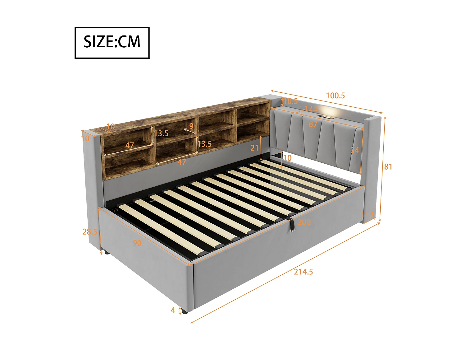 Canapé-lit rembourré avec rangement 90x200cm - avec éclairage - avec port USB et Type-C - Velours - Gris (sans matelas)