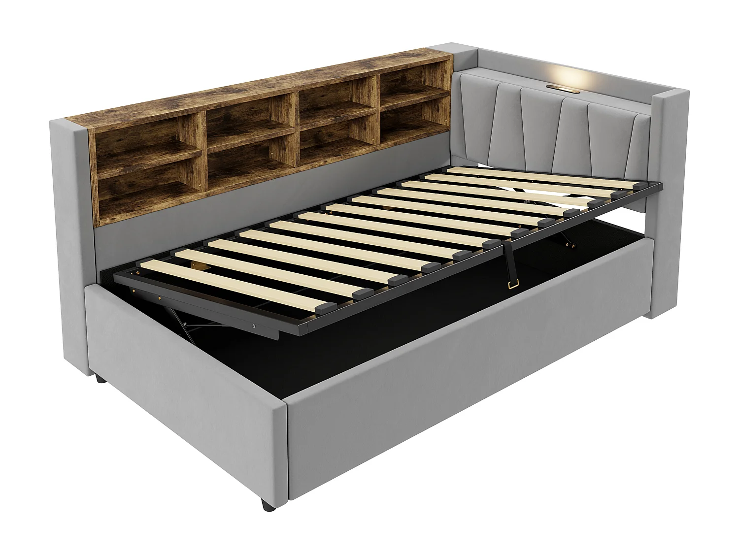 Canapé-lit rembourré avec rangement 90x200cm - avec éclairage - avec port USB et Type-C - Velours - Gris (sans matelas)