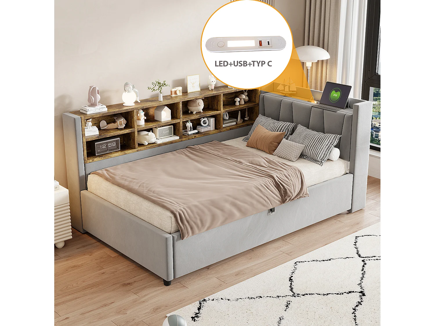 Schlafsofa mit Stauraum 90×200 cm - mit Beleuchtung - mit USB- und Type-C-Anschluss - Samt - Grau (ohne Matratze)