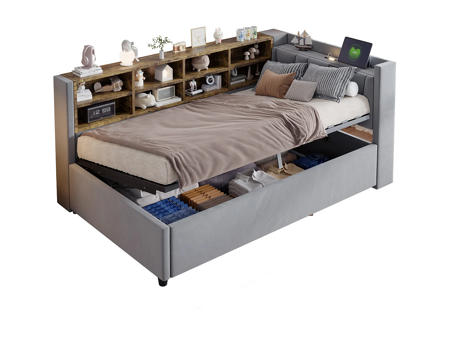 Schlafsofa mit Stauraum 90×200 cm - mit Beleuchtung - mit USB- und Type-C-Anschluss - Samt - Grau (ohne Matratze)