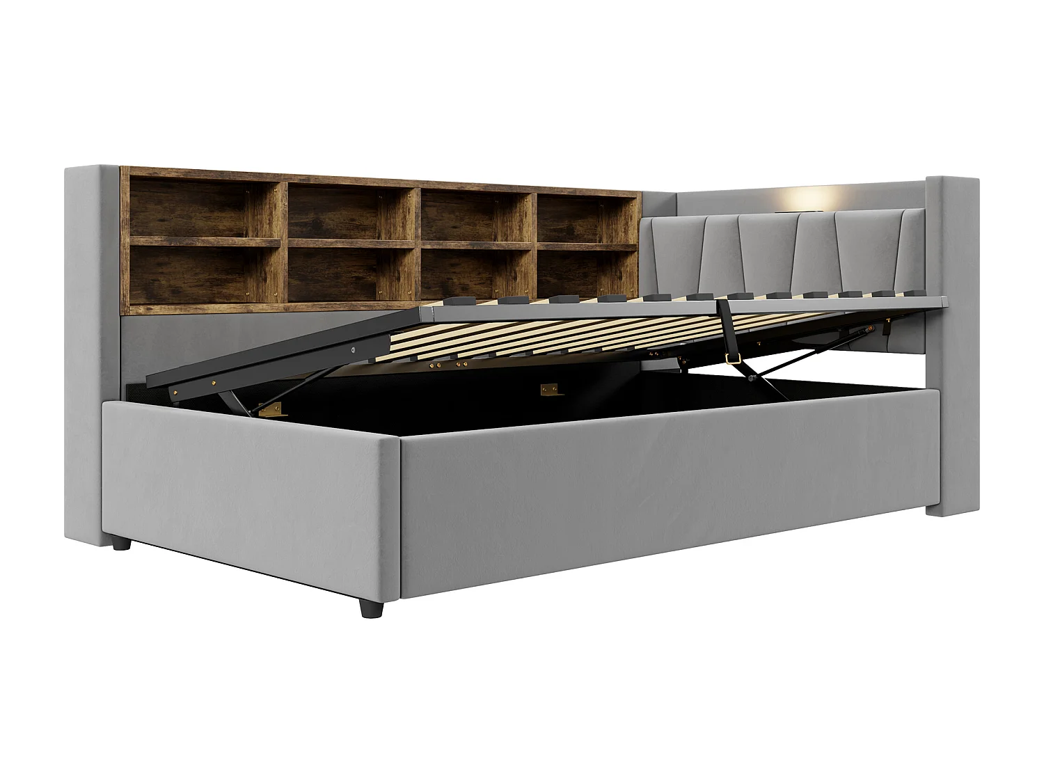 Schlafsofa mit Stauraum 90×200 cm - mit Beleuchtung - mit USB- und Type-C-Anschluss - Samt - Grau (ohne Matratze)